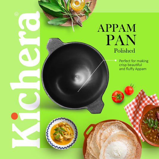 Kichera Cast Iron Breakfast Combo | Appam Pan & 10” Dosa Tawa with Long Handle + Free Tadka Pan