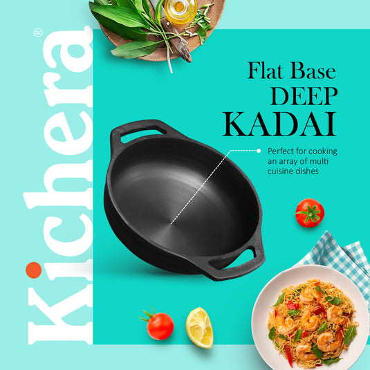 Kichera Cast Iron Lunch Combo | 9” Flat Base Kadai & 2-in-1 Grill Pan + Free Tadka Pan