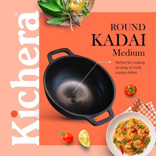 Kichera Cast Iron Dinner Combo | 10” Round Kadai & 10” Roti Tawa + Free Tadka Pan