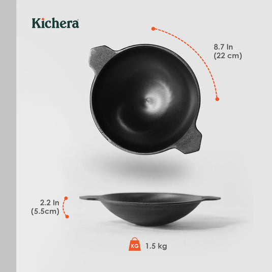 Kichera Cast Iron Breakfast Combo | Appam Pan & 10” Dosa Tawa with Long Handle + Free Tadka Pan