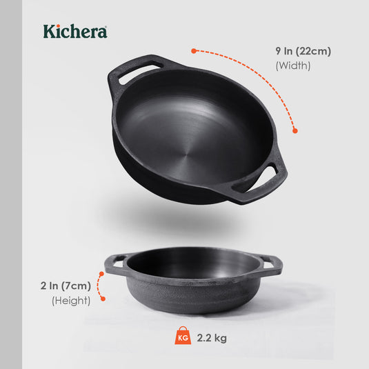 Kichera Cast Iron Lunch Combo | 9” Flat Base Kadai & 2-in-1 Grill Pan + Free Tadka Pan