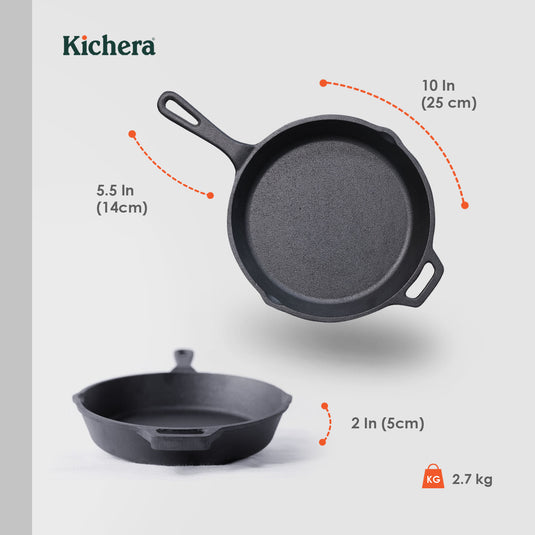Kichera Cast Iron Evening Snacks Combo | 9-Pit Paniyaram Pan & 10” Cast Iron Skillet + Free Tadka Pan