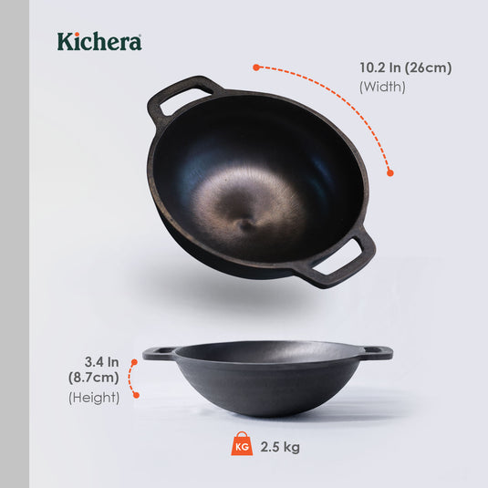 Kichera Cast Iron Dinner Combo | 10” Round Kadai & 10” Roti Tawa + Free Tadka Pan