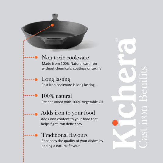 Kichera Cast Iron Evening Snacks Combo | 9-Pit Paniyaram Pan & 10” Cast Iron Skillet + Free Tadka Pan