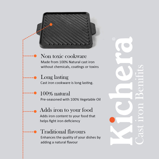 Kichera Cast Iron Lunch Combo | 9” Flat Base Kadai & 2-in-1 Grill Pan + Free Tadka Pan