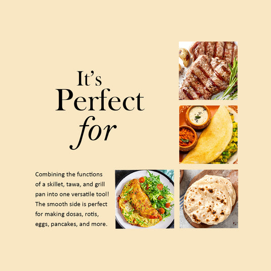 Kichera Cast Iron Lunch Combo | 9” Flat Base Kadai & 2-in-1 Grill Pan + Free Tadka Pan