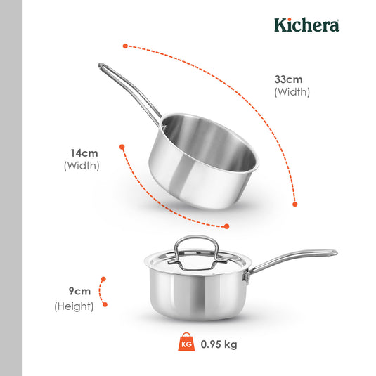 Triply Stainless Steel Saucepan with Lid | Kichera Natural Non Toxic Cookware | Even Heat & Health-Safe | Ideal for Milk, Tea & Sauces