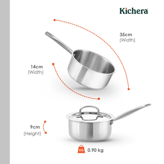 Triply Stainless Steel Saucepan Tube Handle with Lid | Kichera Natural Non Toxic Cookware | Even Heating | Safe for All Stoves