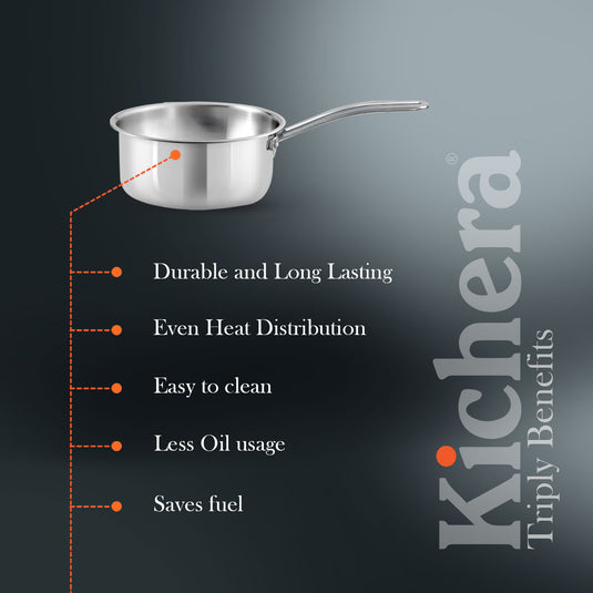 Triply Stainless Steel Saucepan without Lid – Kichera Natural Non Toxic Cookware for Gas, Induction & Campfire Cooking