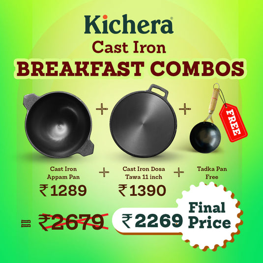 Kichera Cast Iron Breakfast Combo | Cast Iron Appam Pan & 11” Dosa Tawa + Free Tadka Pan
