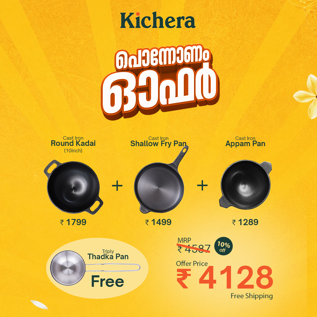 Onam Heritage Combo – Cast Iron Round Kadai (10"), Shallow Fry Pan & Round Kadai + Free Triply Thadka Pan