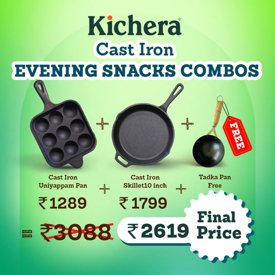 Kichera Cast Iron Evening Snacks Combo | 9-Pit Paniyaram Pan & 10” Cast Iron Skillet + Free Tadka Pan