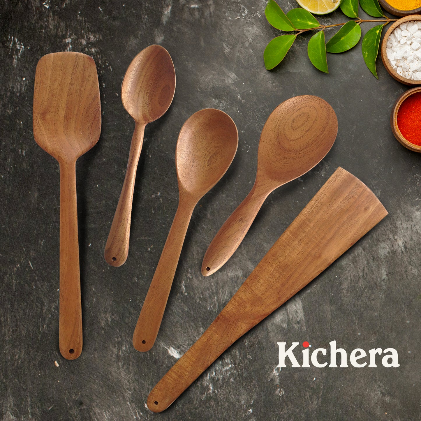 Kichera Neem Wood Compact Ladle, Spatula & Dosa Flipper – Handmade Kitchen Tools Set for Roti/Chapati | Natural Polish | Non-Toxic & Non-Stick (Set of 3)