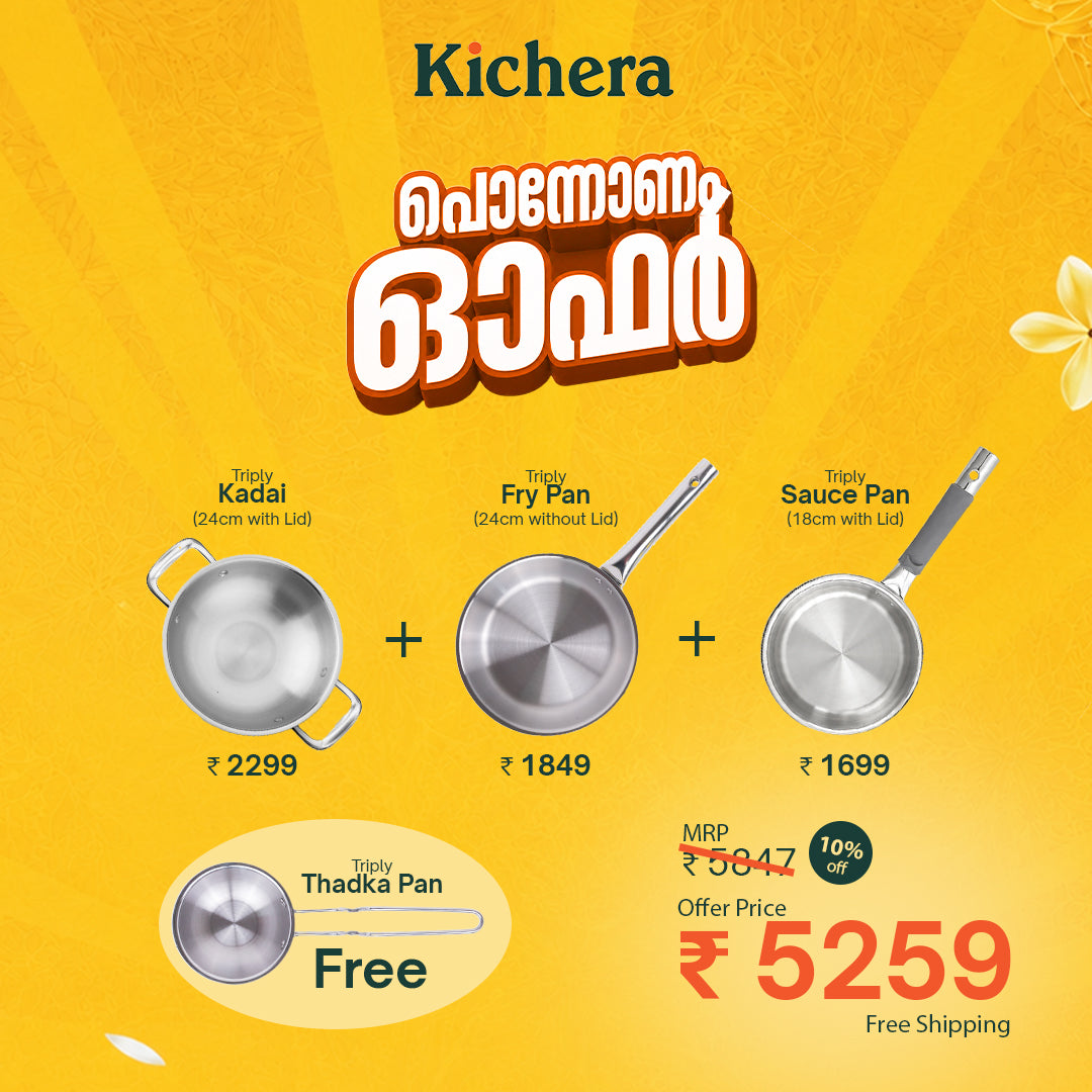 Onam Triply Combo – Triply Kadai (24cm with Lid), Triply Fry Pan (24cm) & Triply Sauce Pan (18cm with Lid) + Free Triply Thadka Pan