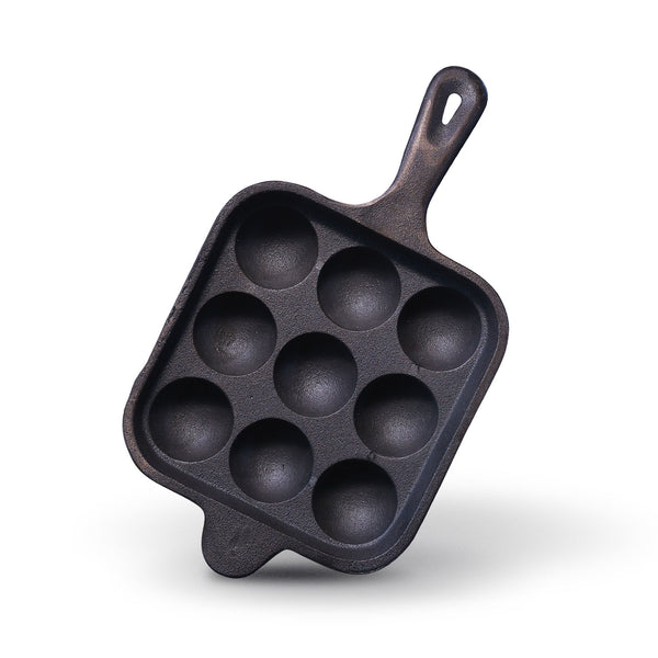 Pre-seasoned Cast Iron Paniyaram Pan Square With Handle-Naturally Non-stick Kuzhi Paniyaram 9 pit