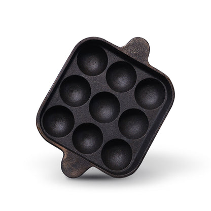 Pre-seasoned Cast Iron Paniyaram Pan Square-Naturally Non-stick Kuzhi Paniyaram 9 pit