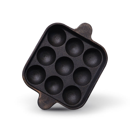 Pre-seasoned Cast Iron Paniyaram Pan Square, Naturally Non-stick Kuzhi Paniyaram 9 pit