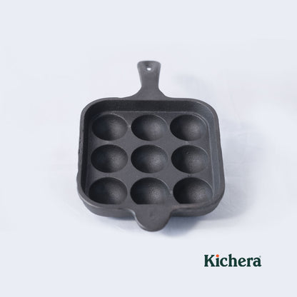 Pre-seasoned Cast Iron Paniyaram Pan Square With Handle-Naturally Non-stick Kuzhi Paniyaram 9 pit