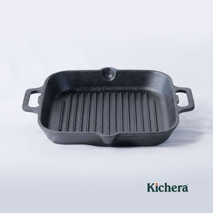 Kichera Pre-Seasoned Cast Iron Grill Pan – Induction Base, Naturally Non-Stick with Twin Handle | Best Non Toxic Cookware