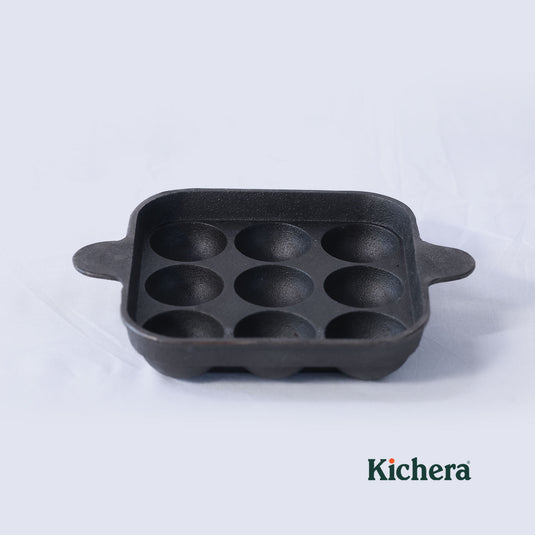 Pre-seasoned Cast Iron Paniyaram Pan Square, Naturally Non-stick Kuzhi Paniyaram 9 pit