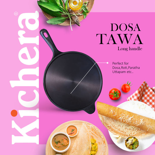 Pre-seasoned Cast Iron Super Smooth Dosa Tawa with Long Handle, Induction Base,Naturally Non-stick 10 Inch