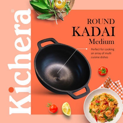 Onam Heritage Combo – Cast Iron Round Kadai (10"), Shallow Fry Pan & Round Kadai + Free Triply Thadka Pan
