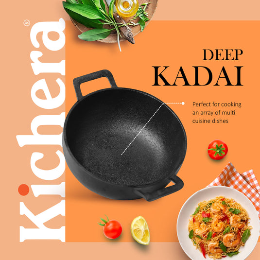 Pre-seasoned Cast Iron Deep Kadai/Kadhai, Naturally Non-stick , Induction Base 9 inch