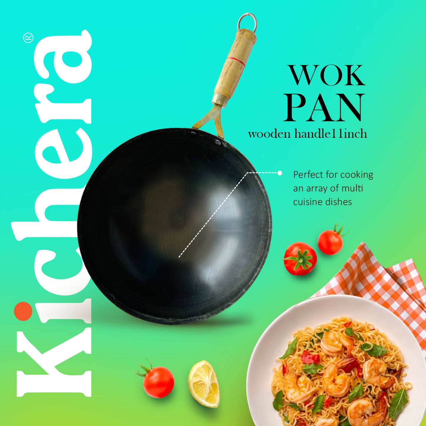 Kichera 11 Inch Pure Iron Wok with Wooden Handle |  Durable & Gas Stove Compatible