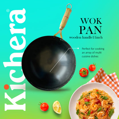 Kichera 11 Inch Pure Iron Wok with Wooden Handle |  Durable & Gas Stove Compatible