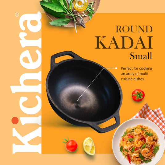 Pre-seasoned Cast Iron Super Smooth Round Bottom Kadhai ,Naturally Non-stick 8 Inch