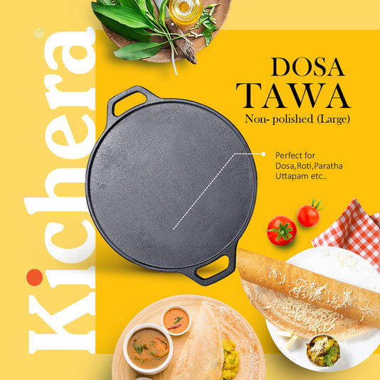 Pre-seasoned Cast Iron Dosa Tawa with Double Handle, Induction Base, Naturally Non-stick Iron Roti Tawa 12 Inch