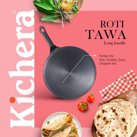 Pre-seasoned Cast Iron Super Smooth roti tawa with Long Handle, Induction Base,Naturally Non-stick