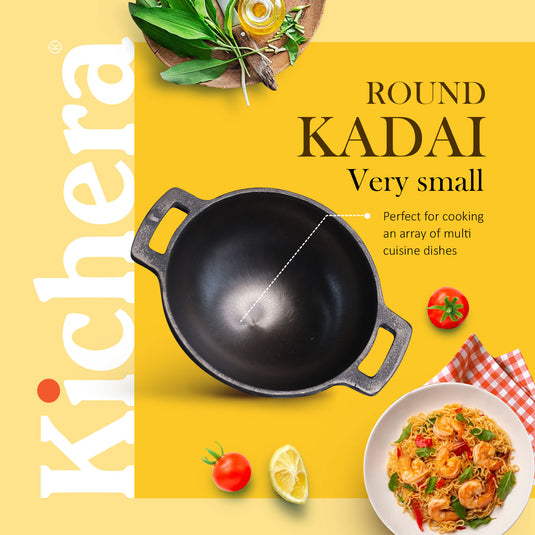 Pre-seasoned Cast Iron Super Smooth Round Bottom Kadhai ,Naturally Non-stick 7 Inch