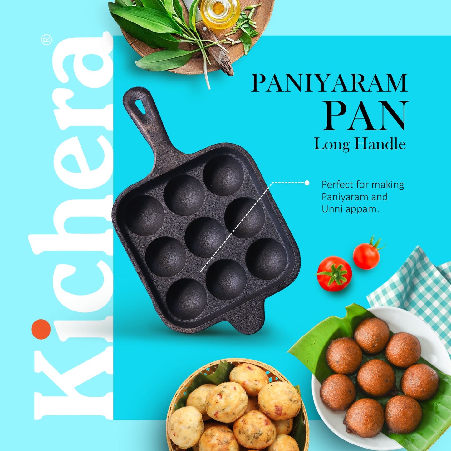 Pre-seasoned Cast Iron Paniyaram Pan Square With Handle-Naturally Non-stick Kuzhi Paniyaram 9 pit
