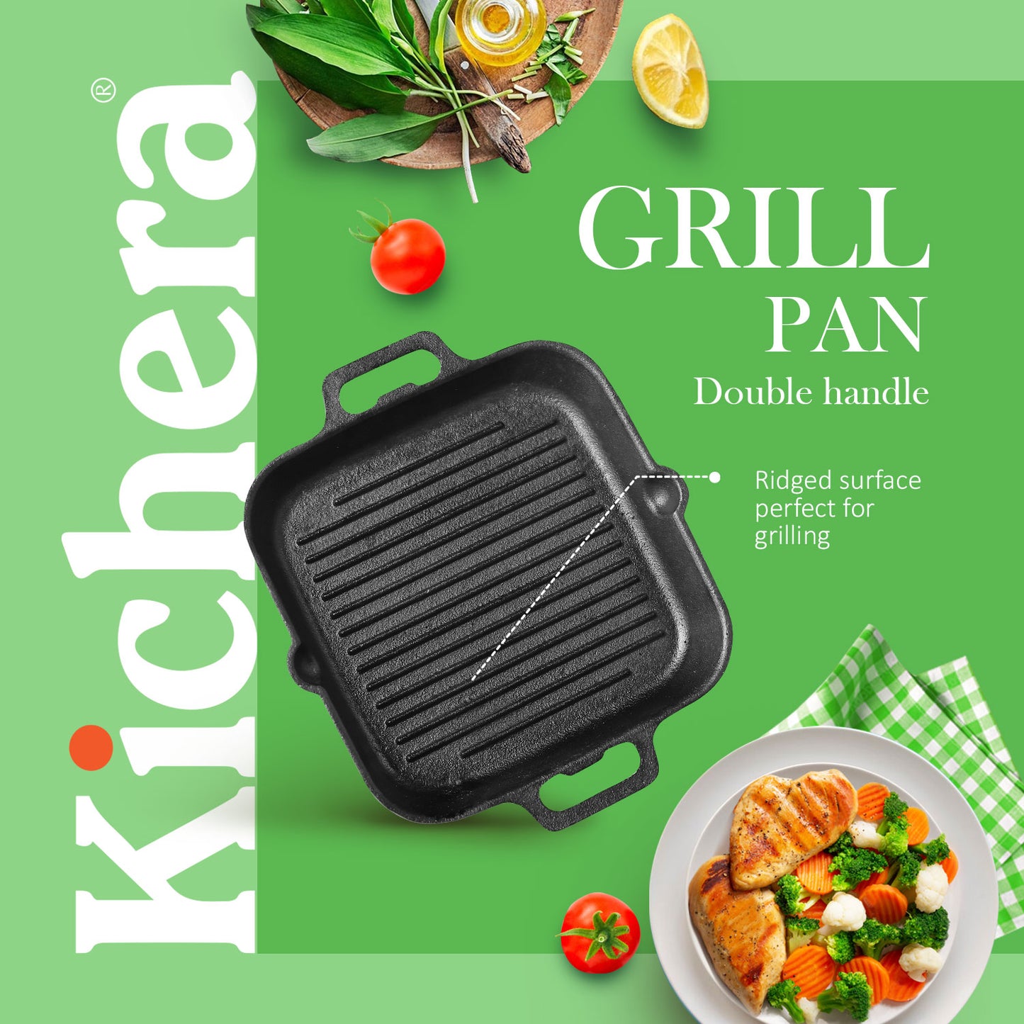 Kichera Pre-Seasoned Cast Iron Grill Pan – Induction Base, Naturally Non-Stick with Twin Handle | Best Non Toxic Cookware