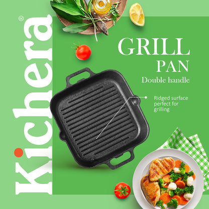 Kichera Pre-Seasoned Cast Iron Grill Pan – Induction Base, Naturally Non-Stick with Twin Handle | Best Non Toxic Cookware