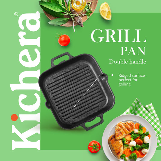 Pre-seasoned Cast Iron Grill Pan with Twin Handle, Naturally Non-stick , Induction Base