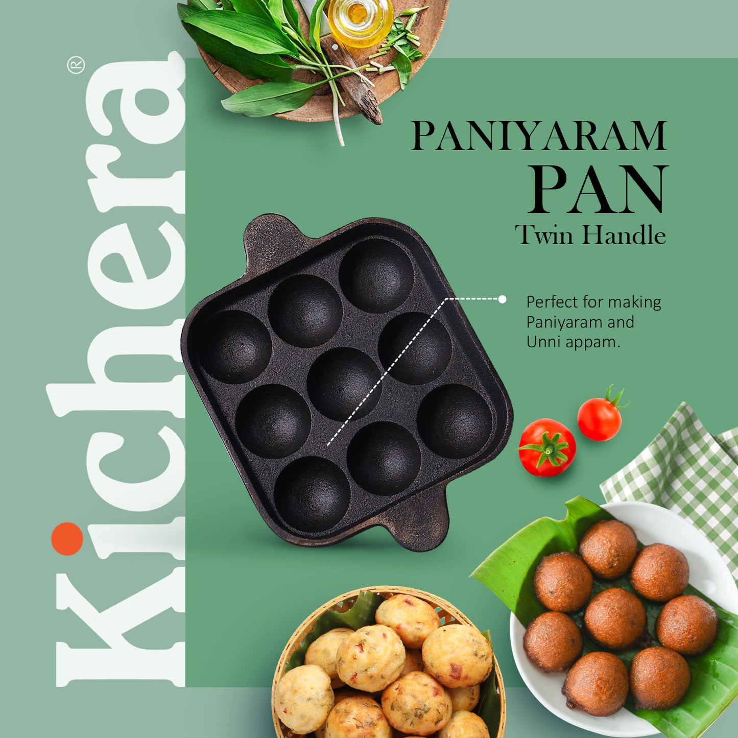 Pre-seasoned Cast Iron Paniyaram Pan Square-Naturally Non-stick Kuzhi Paniyaram 9 pit