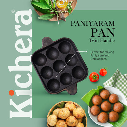 Pre-seasoned Cast Iron Paniyaram Pan Square-Naturally Non-stick Kuzhi Paniyaram 9 pit
