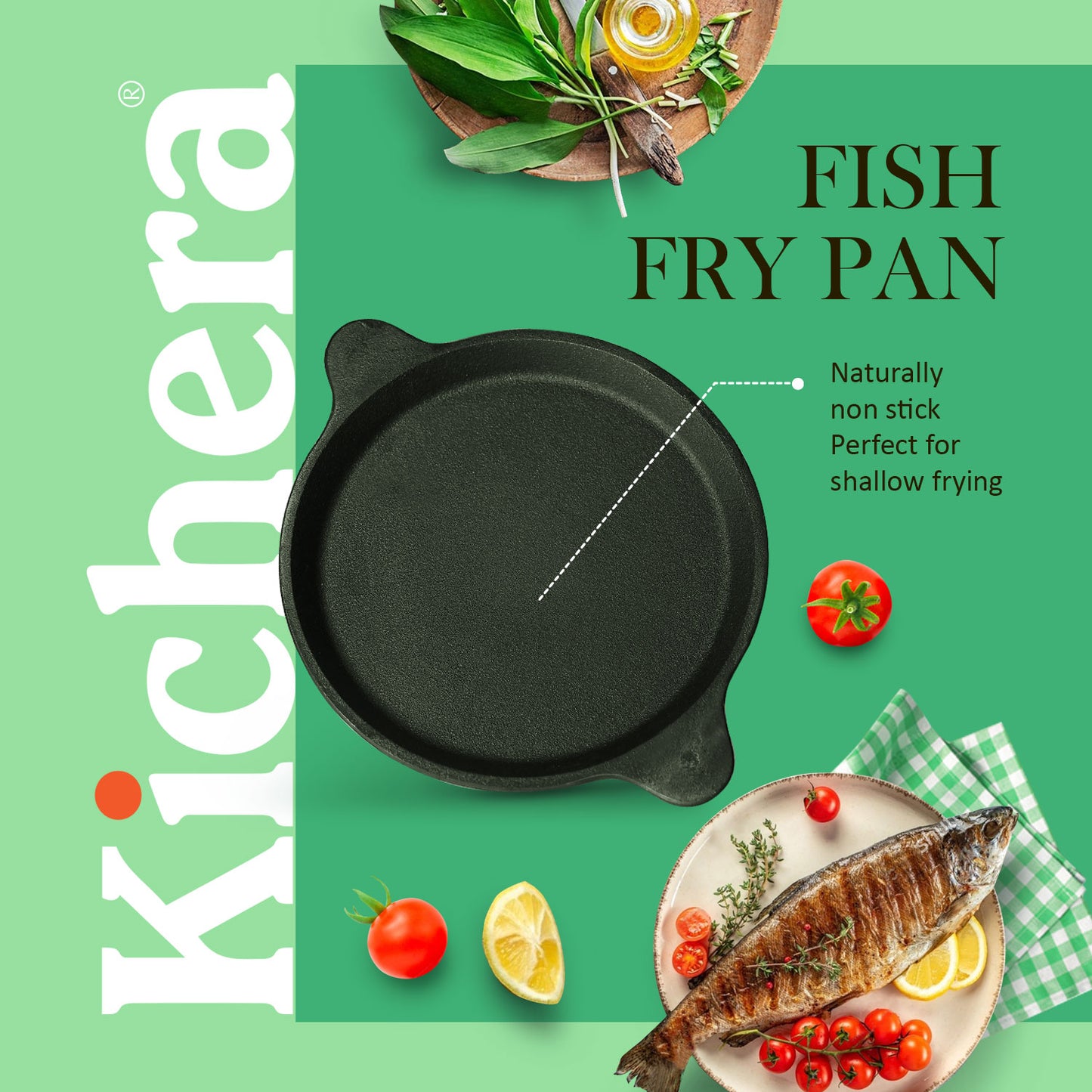Kichera Pre-seasoned Cast Iron Fish Fry Pan – Naturally Non-Stick, Induction Base Fish Tawa | Best Non Toxic Cookware for Health