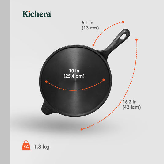 Pre-seasoned Cast Iron Super Smooth Dosa Tawa with Long Handle, Induction Base,Naturally Non-stick 10 Inch