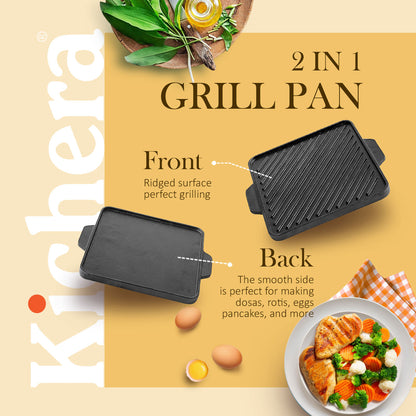 Kichera 2-in-1 Cast Iron Grill & Griddle Pan 10-Inch | Reversible Tawa for Dosa, BBQ & More | Pre-Seasoned, Non-Toxic, No Coating