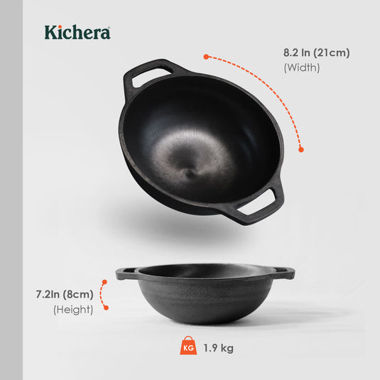 Pre-seasoned Cast Iron Super Smooth Round Bottom Kadhai ,Naturally Non-stick 8 Inch