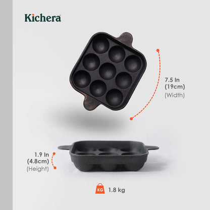 Pre-seasoned Cast Iron Paniyaram Pan Square-Naturally Non-stick Kuzhi Paniyaram 9 pit