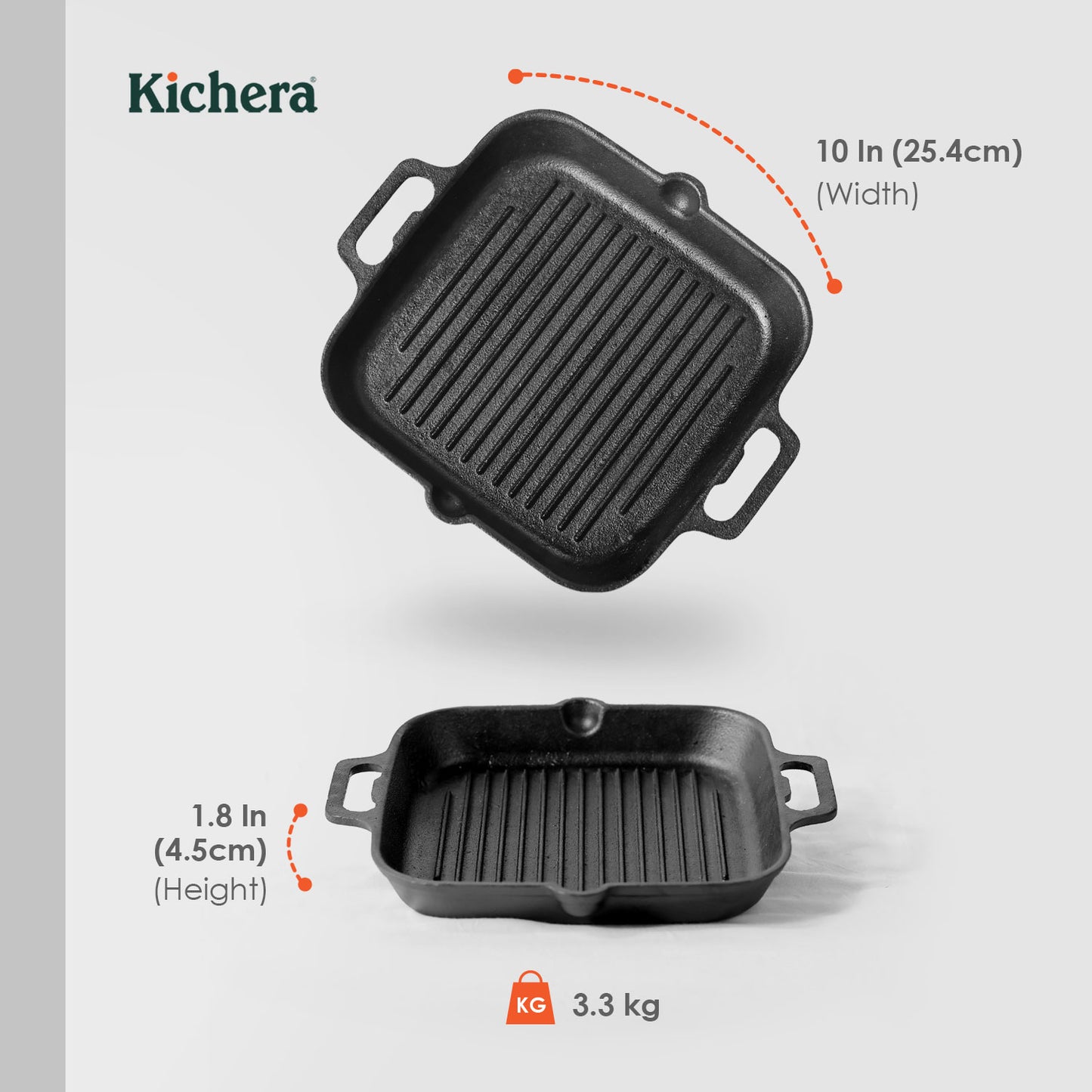Kichera Pre-Seasoned Cast Iron Grill Pan – Induction Base, Naturally Non-Stick with Twin Handle | Best Non Toxic Cookware