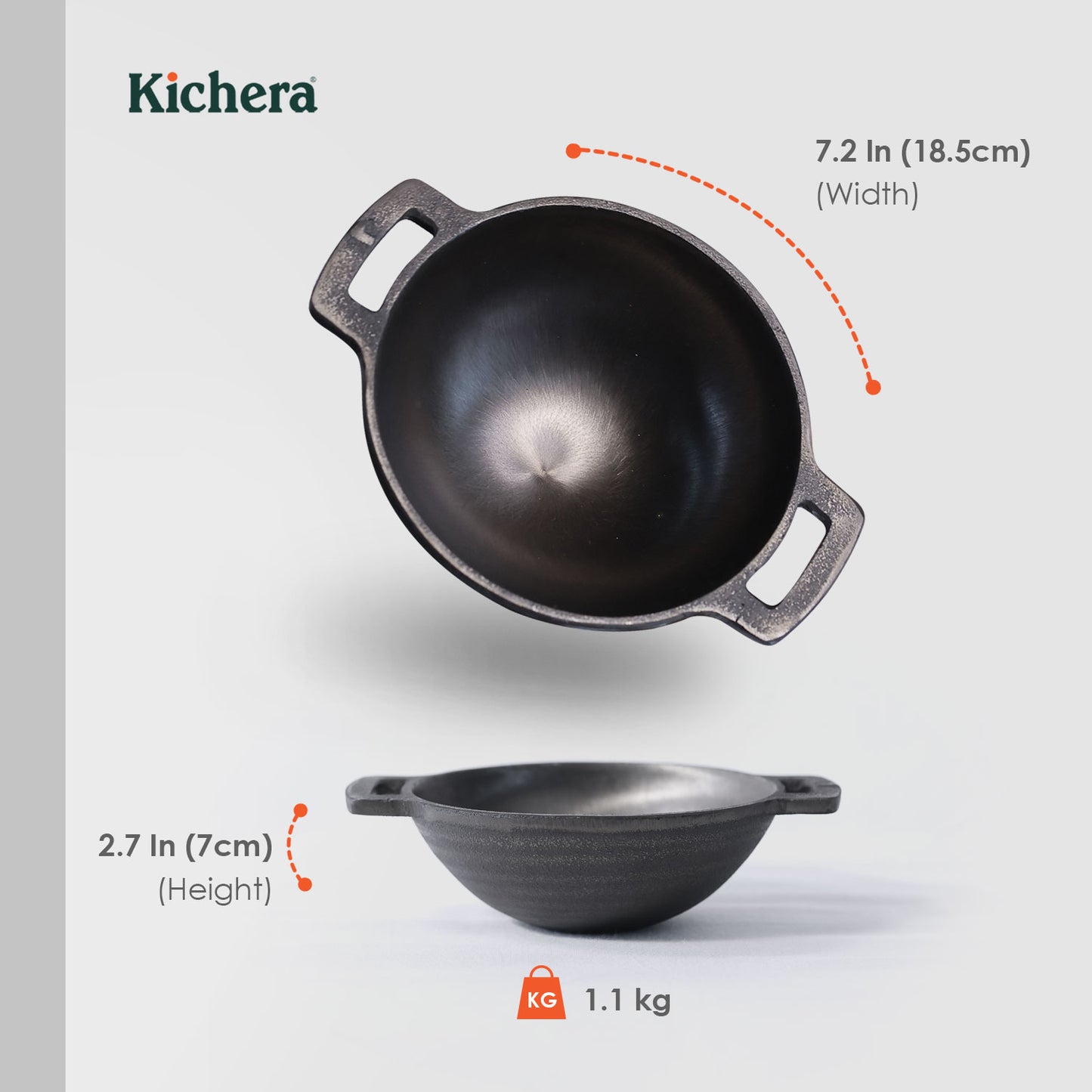 Pre-seasoned Cast Iron Round Bottom Kadhai 7 Inch – Super Smooth, Naturally Non-Stick & Best Non Toxic Cookware for Health