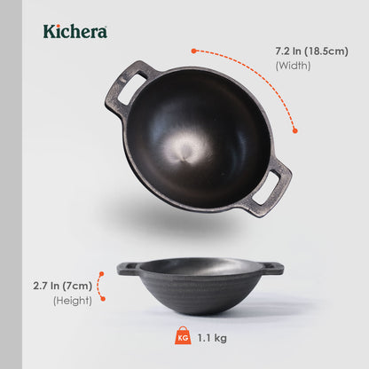 Pre-seasoned Cast Iron Round Bottom Kadhai 7 Inch – Super Smooth, Naturally Non-Stick & Best Non Toxic Cookware for Health