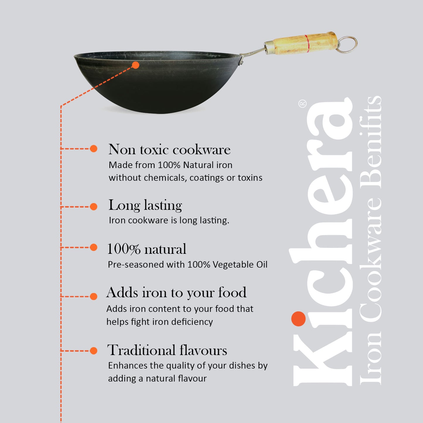 Kichera 11 Inch Pure Iron Wok with Wooden Handle |  Durable & Gas Stove Compatible