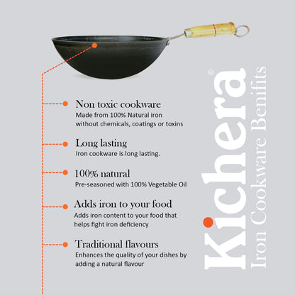 Kichera 11 Inch Pure Iron Wok with Wooden Handle |  Durable & Gas Stove Compatible