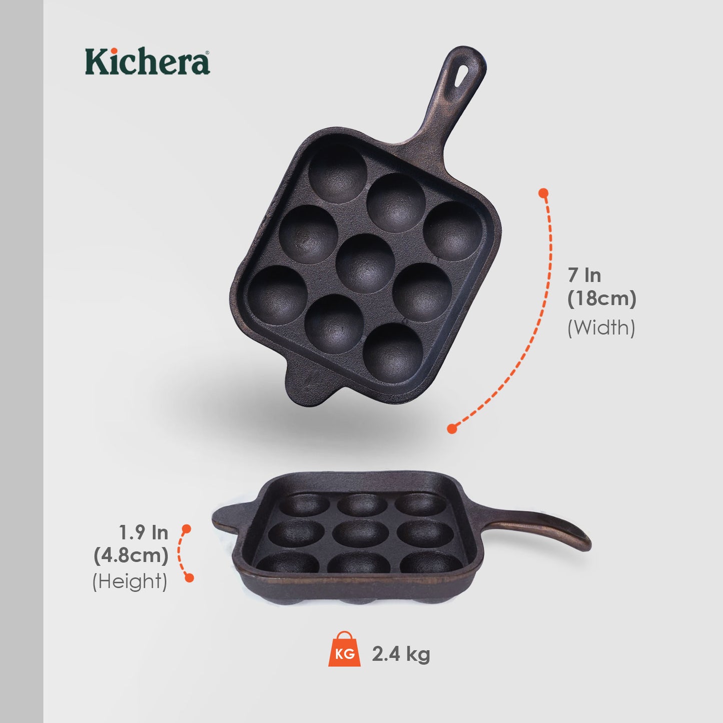 Pre-seasoned Cast Iron Paniyaram Pan Square With Handle-Naturally Non-stick Kuzhi Paniyaram 9 pit
